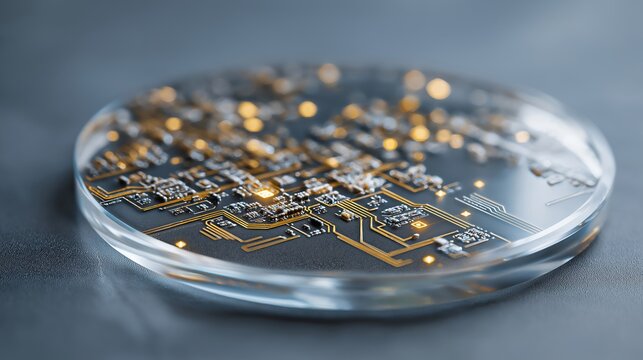 Extreme close-up of photolithography mask resting on a clean glass surface, razor-sharp circuit geometry etched in chrome catching cold laboratory light, perfect for AI semiconductor chip