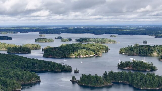 Aerial view of lush islands and blue water in the 1000 Islands region, St. Lawrence River, Canada. g