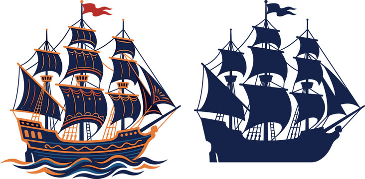 Antique Sailing Ship Vector Illustration Set Featuring a Decorative Galleon and a Solid Navy Blue Silhouette for Nautical Branding and Maritime History Designs
