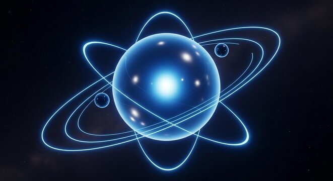 An abstract science wallpaper featuring a glowing blue atom on a dark space background with shiny light lines, fractal waves, and energy patterns