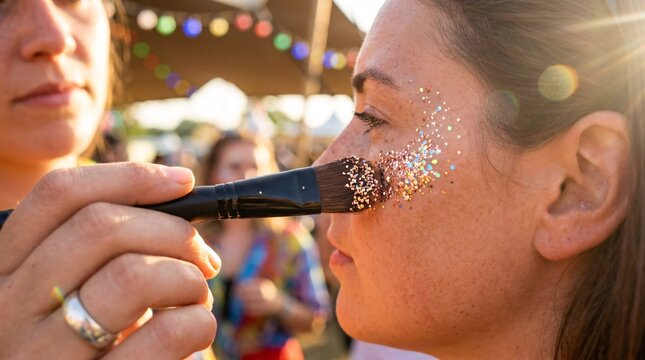 A woman's face is being painted with glitter by another person during a lively summer festival event outdoors.