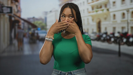 Fototapeta premium Young african american woman with braided hair covering mouth with both hands on urban street near building; surprise secrecy.