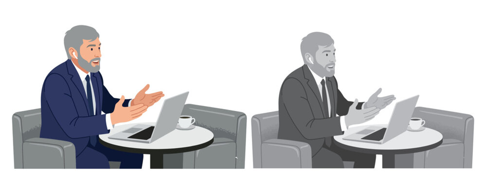 Set of business  man Businessman working in office planning, thinking and economic analysis on isolated white background