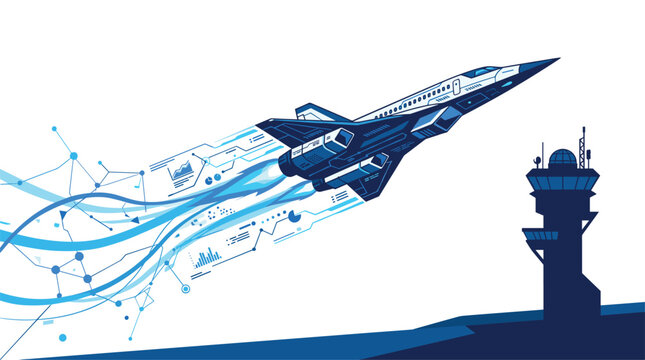 A sleek fighter jet launches upward from a dark control tower with fluid light trails and integrated data charts in a cool blue toned visual environment.