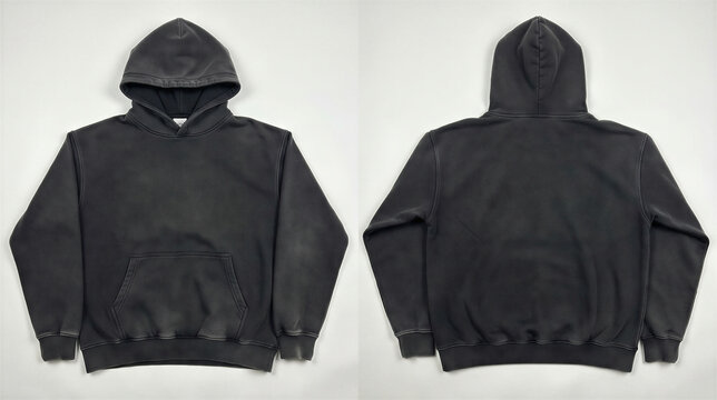 A black hoodie is displayed from the front and back on a plain background.