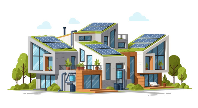 Modern eco-friendly house with green roof and solar panels, sustainable living concept