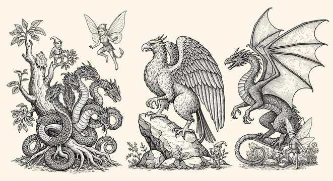 Mythical creature sketches including dragon hydra and griffin.