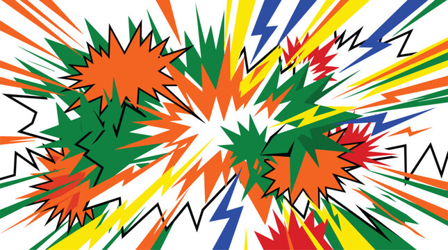 Abstract comic style illustration features sharp angular sunbursts and lightning bolts in vibrant orange green and blue hues on a crisp white backdrop.