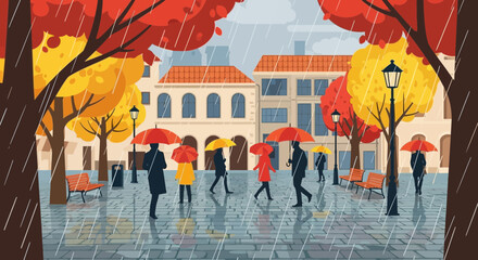 Autumn Rainy Day in City Square with People Holding Umbrellas and Colorful Trees © Mahfud