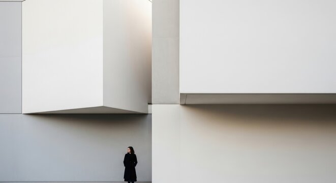 Man Walking Between Modern White Buildings.