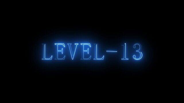 Level 13 neon text on black background, bright blue glowing lights thirteen