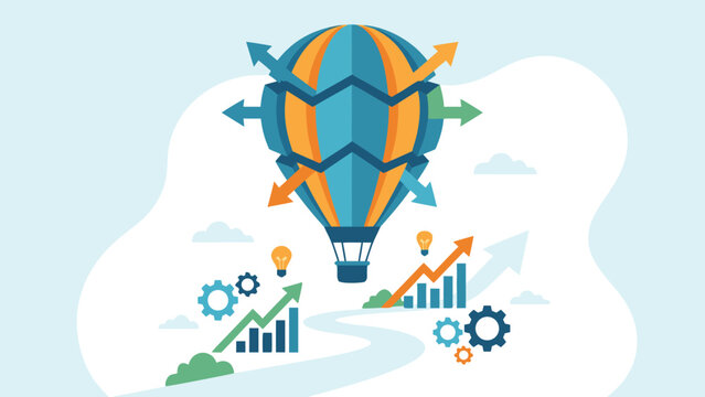 Stylized hot air balloon expanding with arrows, representing business scalability and growth concept. Flat vector illustration with bar charts, gears, lightbulbs, and a winding path for success.