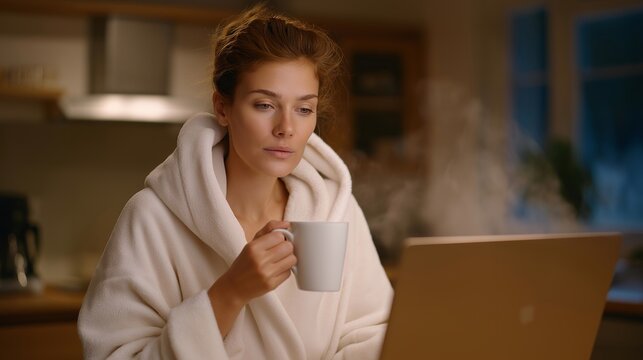 Woman in robe sitting at kitchen counter at 6am, steam rising from mug, open laptop showing video call grid of colleagues across different time zones, ideal for distributed team culture, and modern