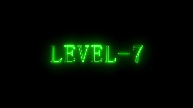 Level 7 neon sign text on black background seven number game progress score