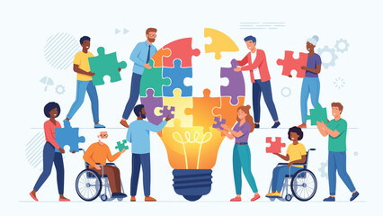 Fototapeta premium Diverse Team of Professionals Collaborating to Assemble a Large Colorful Lightbulb Puzzle, Representing Innovation, Creative Problem Solving, Inclusivity, and Successful Business Teamwork Concept