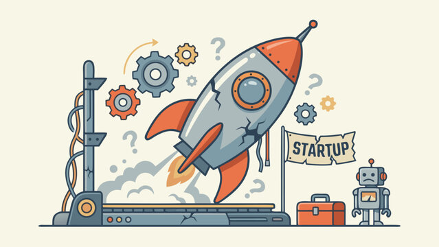 Stylized flat vector illustration of a cracked rocket ship failing to launch from a platform, representing business startup failure, technical difficulties, and engineering challenges with robot.