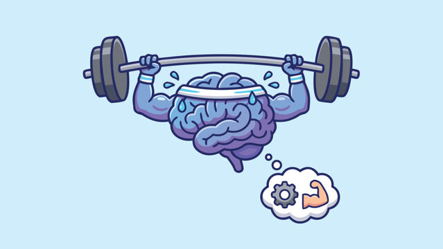 Stylized Brain Lifting Heavy Barbell with Muscular Arms, Representing Mental Strength, Cognitive Training, Brain Health, and Intelligence. Flat Vector Illustration of Willpower and Focus.
