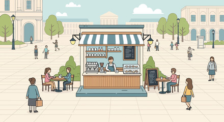 Cozy outdoor coffee kiosk with people enjoying drinks and chatting in a city square. © Lina