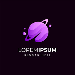 space planet saturn logo with characteristic orbital rings in dark background design style © SplashPix