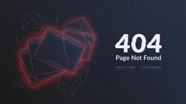 Conceptual digital illustration of a 404 Page Not Found background, showing a broken link in a dark, abstract network environment.