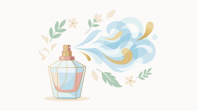 Stylized perfume bottle spraying a fragrant mist with floral and leaf motifs, elegant luxury fragrance concept, flat vector illustration for beauty and cosmetic branding, soft pastel colors.