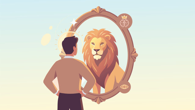 Flat vector illustration of a man looking into a mirror and seeing a powerful lion reflection, representing self-confidence, inner strength, courage, leadership, and positive self-perception.