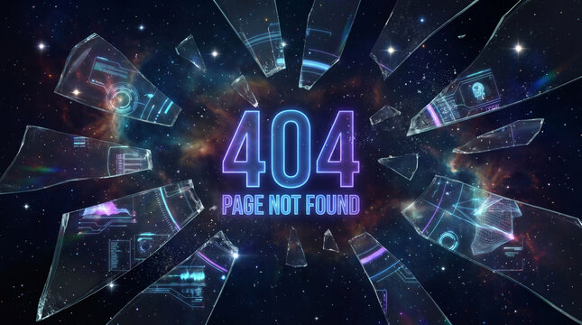 Cosmic error: A broken screen displaying '404 Page Not Found background' with futuristic tech shards floating in deep space.