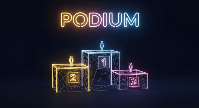Neon Winners Podium with 1st 2nd 3rd Place Ranking | Digital Art Achievement and Success Concept | Futuristic Wireframe Glowing Trophy Platform | Sports and Business Competition Symbol of Victory
