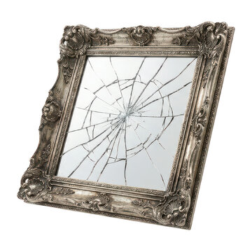 Ornate silver broken mirror in a vintage frame isolated on transparent background