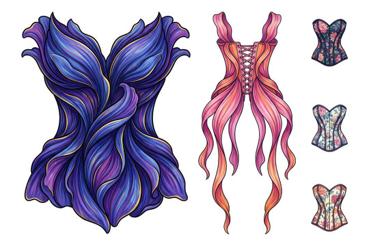 Fantasy corsets with floral designs and ribbon lacing isolated on transparent background