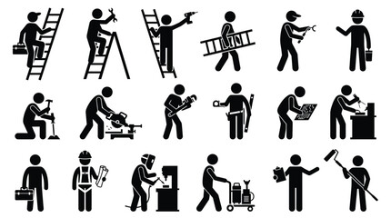Obraz premium Construction maintenance crew and professional handyman tools black icon set pack.