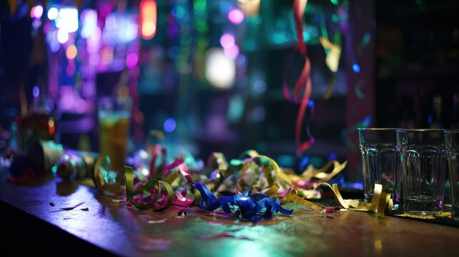 messy. Messy bar countertop with empty glasses and neon light reflections at night. bar promotions, beverage menus, designed for product packaging and bar promotions, inspires menu design.