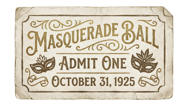 Masquerade Ball vintage ticket stub with masquerade masks and elegant typography isolated on transparent background