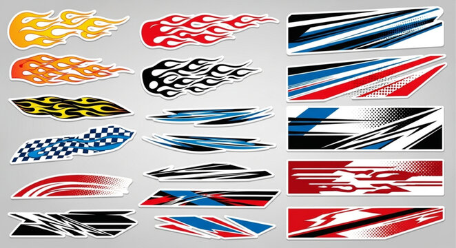 Collection of racing car decals and stickers with flames and checkered patterns.