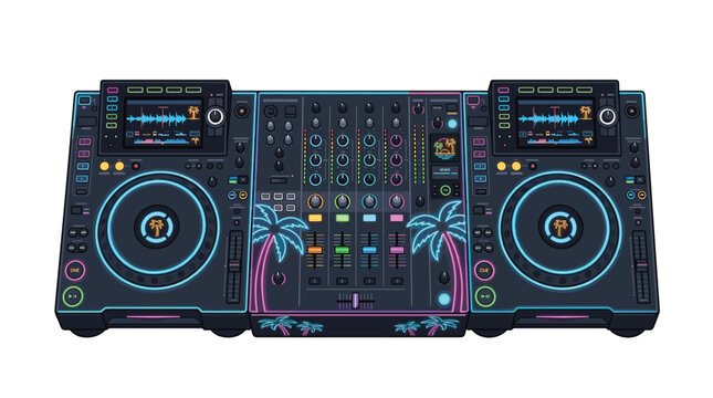 Advanced DJ setup featuring dual decks, central mixer, and digital displays, accented with neon lighting and palm tree imagery.