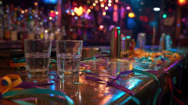messy. Messy bar countertop with empty glasses and neon light reflections at night. bar promotions, beverage menus, designed for product packaging and bar promotions, inspires menu design.
