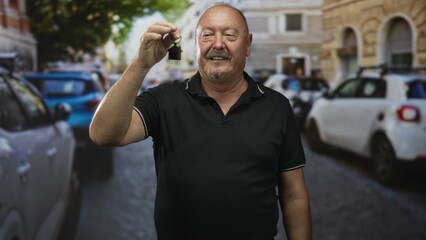 Fototapeta premium Man holding keys up on a cobblestone street in front of parked cars and building facades; new home pride.