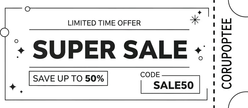 Coupon voucher features a super sale text to incentivize shoppers with huge discounts.