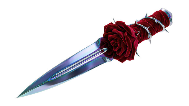 Ornate dagger with red rose hilt and silver thorns isolated on transparent background
