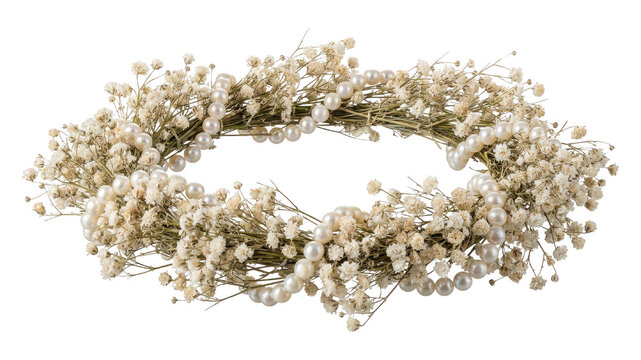 Baby's breath flower crown with pearls isolated on transparent background