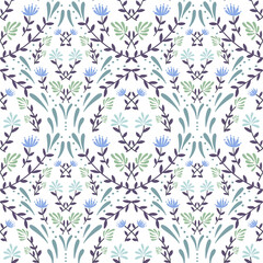 Fototapeta premium Fresh folk-inspired floral repeat with cool botanical tones and decorative symmetrical detailing. Designed for contemporary textiles, wallpaper, and boutique stationery collections.