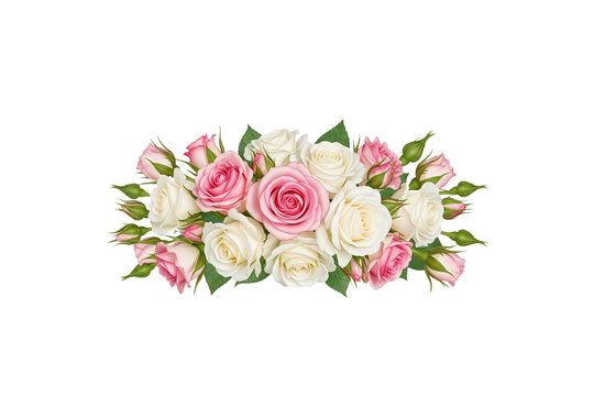Watercolor roses bouquet, floral arrangement, pink white flowers, green leaves