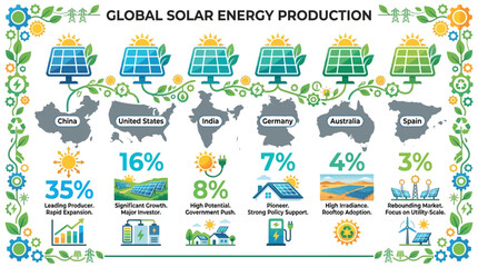 Naklejka premium Global solar energy production by country infographic with solar panels and statistics