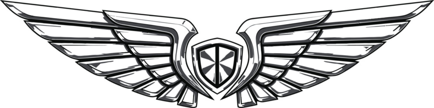 Wings emblem with a central shield represents a strong symbol of speed and protection.