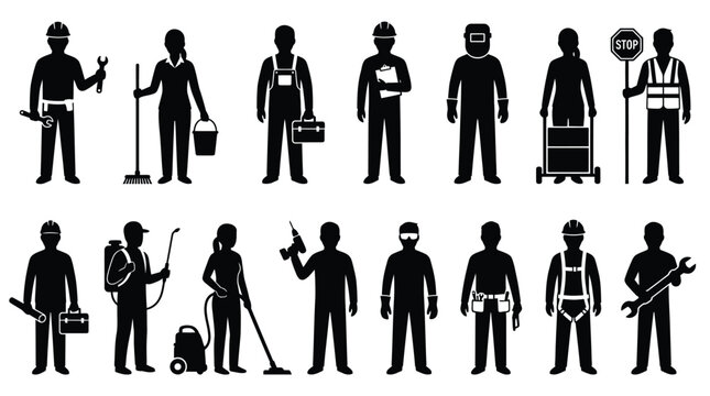 Industrial workers and professional occupations male and female full length silhouettes.