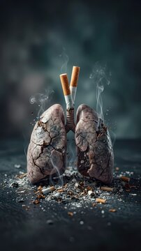 Smoking damage concept with cracked human lungs and broken cigarettes symbolizing anti-smoking awareness and health risks of tobacco use on a dark background representing public health impact