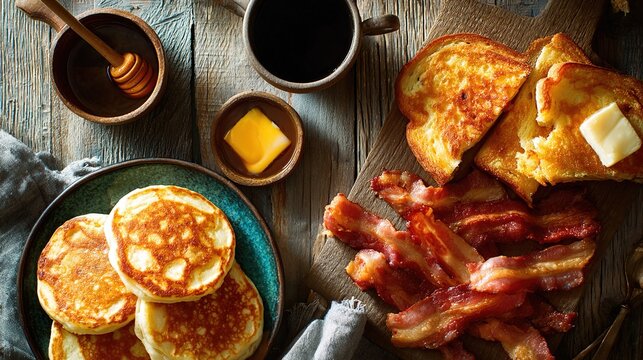 hunger. A delicious breakfast spread with bacon and pancakes on a rustic table, bathed in morning light. menu design, packaging mockups, designed for food delivery and cloud-kitchen brand materials.