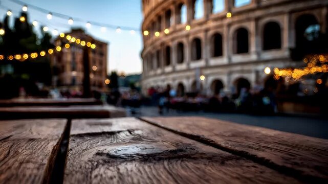 Outdoor caf bar restaurant. A vivid, lowangle photograph captures a serene outdoor scene at dusk. The main subject is a wooden table with a weathered surface, illuminated by warm, golden lights.