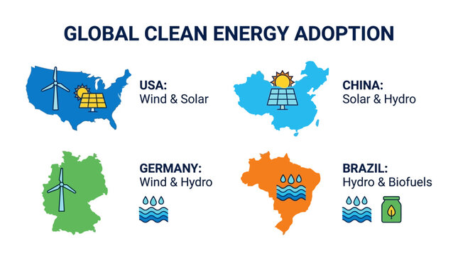 Global clean energy adoption infographic with country maps and icons for usa china germany brazil