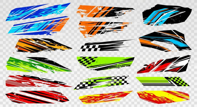 Collection of abstract racing car decals and stickers.